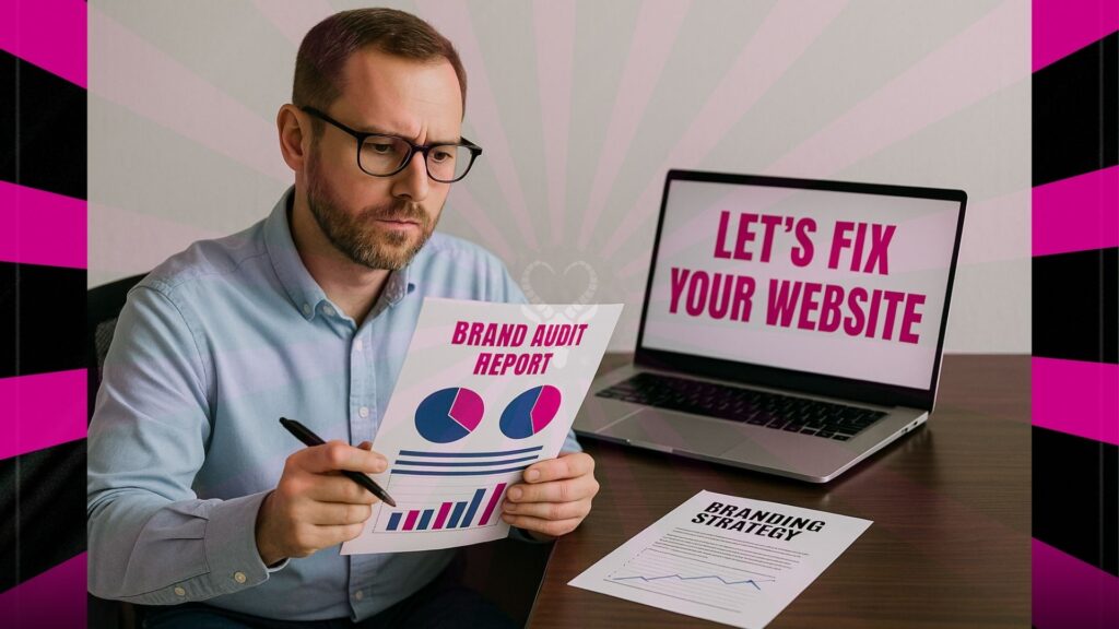 Businessman reviewing brand audit report next to laptop with "Let’s Fix Your Website" message