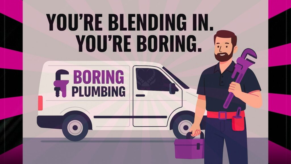 Cartoon plumber holding wrench next to generic van labeled “Boring Plumbing” with caption "You’re Blending In. You’re Boring."